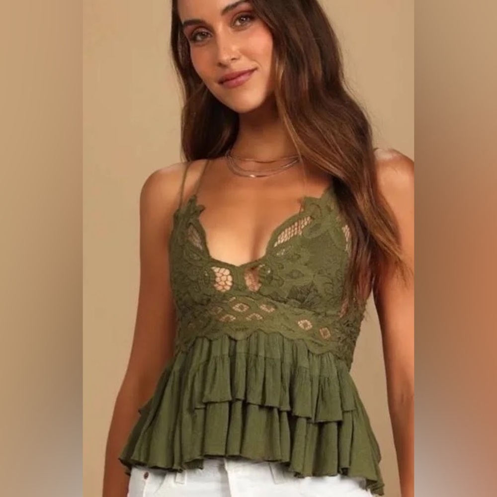 Free People New With Tags Olive Green Lace Tiered Top Cottagecore Farmhouse Smal